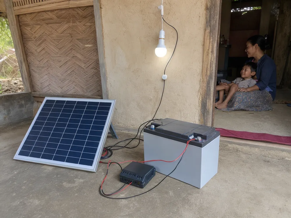 Solar home system kit with 12V deep cycle battery for off-grid rural electrification