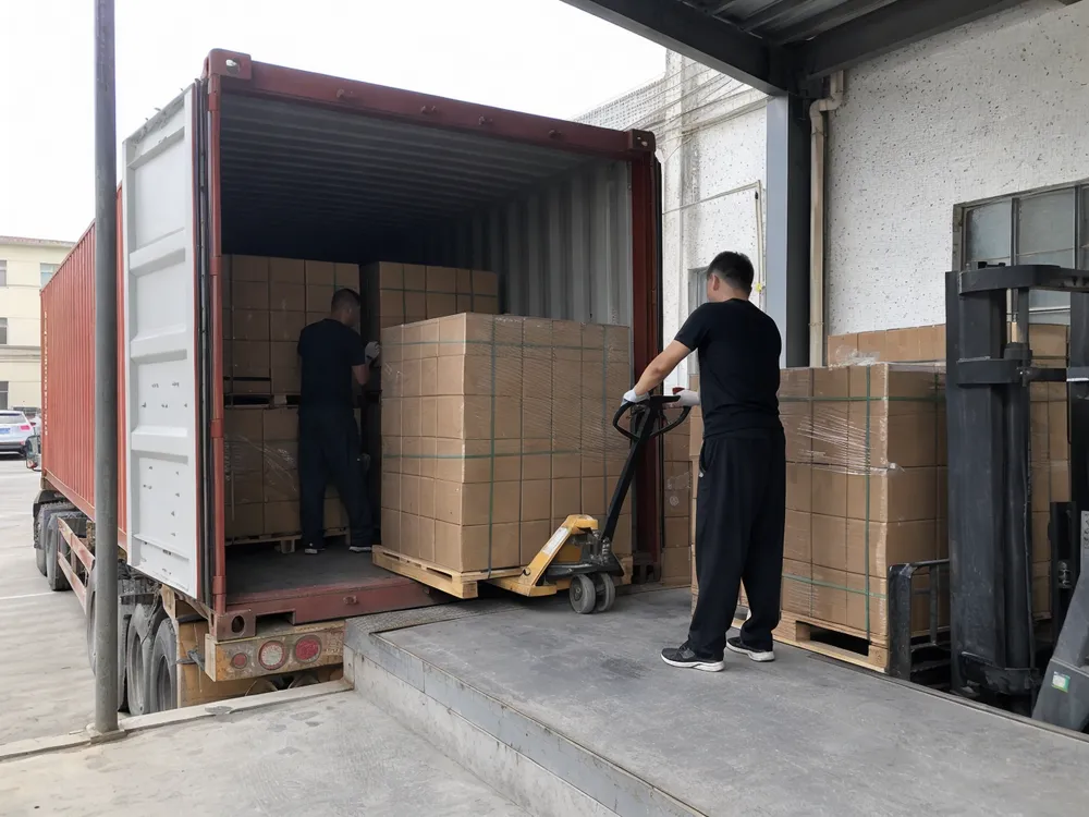 12V backup batteries packed in reinforced cartons loaded into shipping container