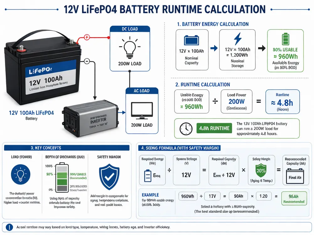 12V LiFePO4 battery runtime calculation diagram showing load, depth of discharge, and margin