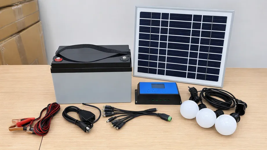 Solar home system kit with 12V battery, MPPT controller, and LED lighting for off-grid markets