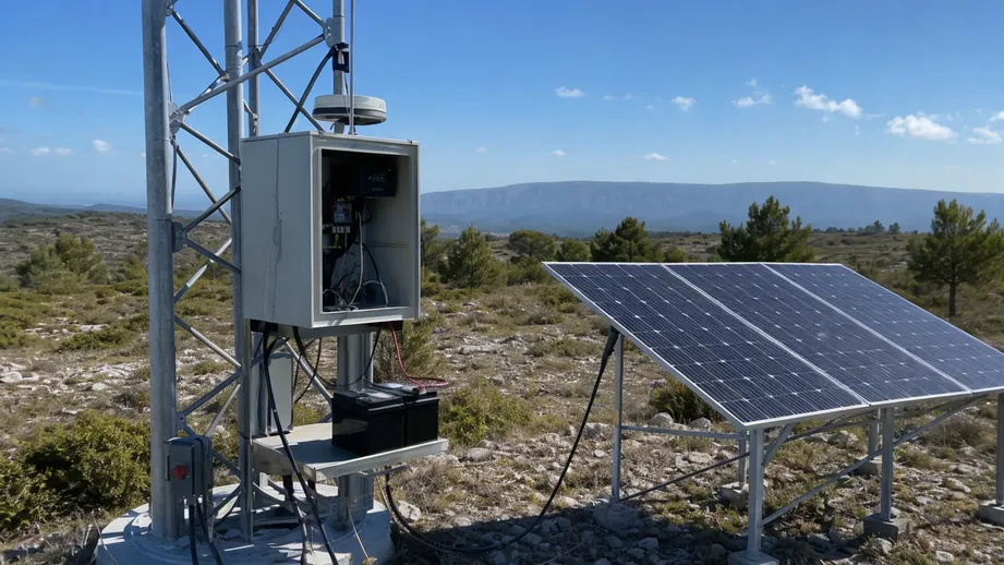 12V battery powering remote telecom base station with solar panel in off-grid location