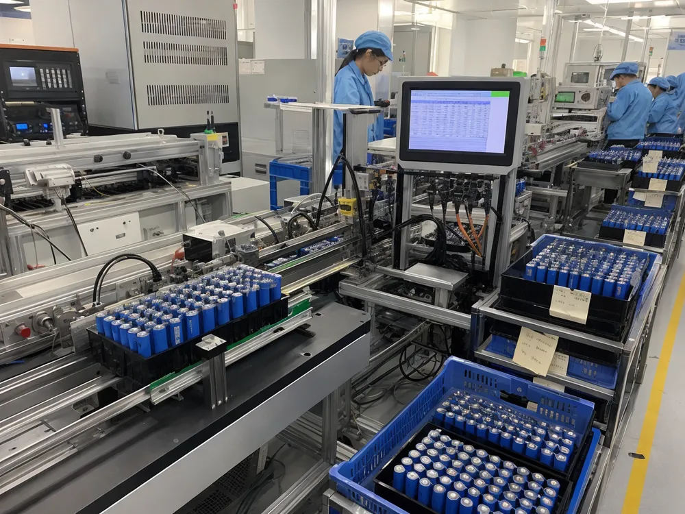Automated cell sorting line grouping LiFePO4 cells by voltage, resistance, and capacity for consistent 12V battery pack assembly