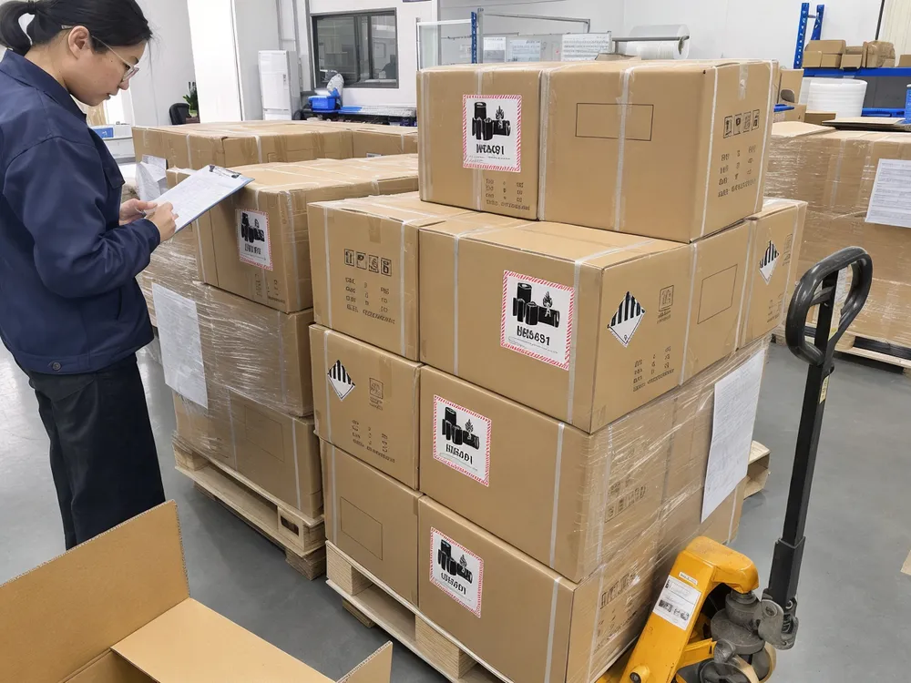 Reinforced carton packaging with UN3481 labels prepared for battery export shipment
