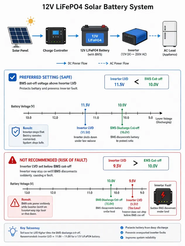Diagram showing inverter LVD and BMS cut-off voltage relationship for 12V solar battery