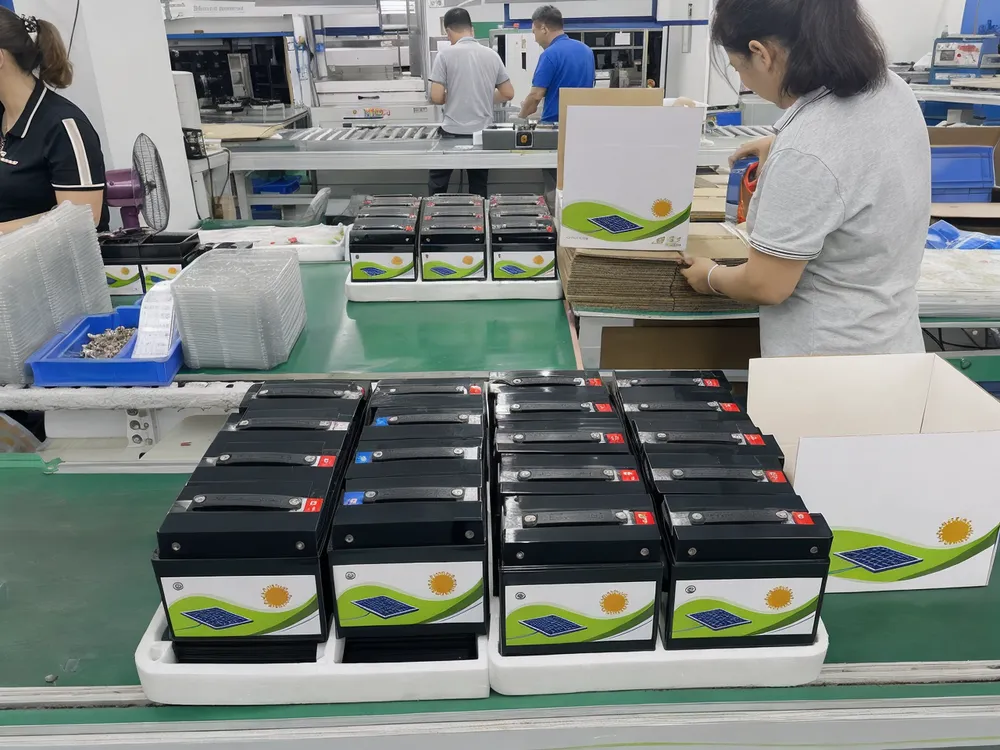 OEM branded 12V solar battery packs on production line with custom labels and packaging