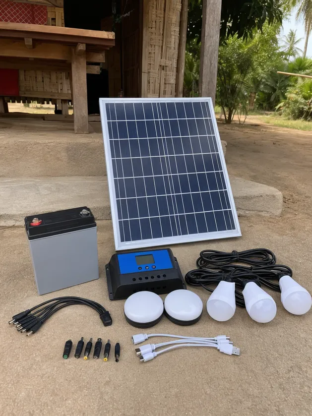 12V solar home kit with battery, panel, PWM controller, and DC LED lights for rural off-grid applications