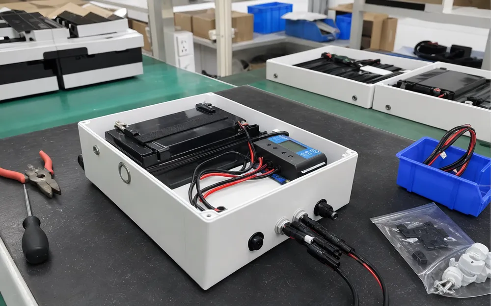 12V battery pack integrated with solar charge controller in kit assembly