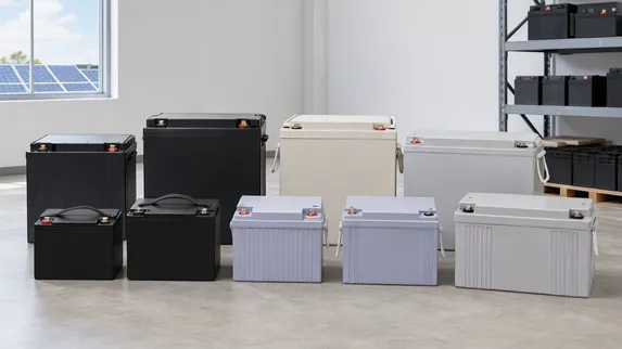 12V deep cycle solar batteries in LiFePO4 and gel/AGM chemistries, 50Ah to 200Ah range