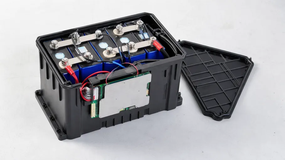LiFePO4 12V solar battery with visible prismatic cells and integrated BMS