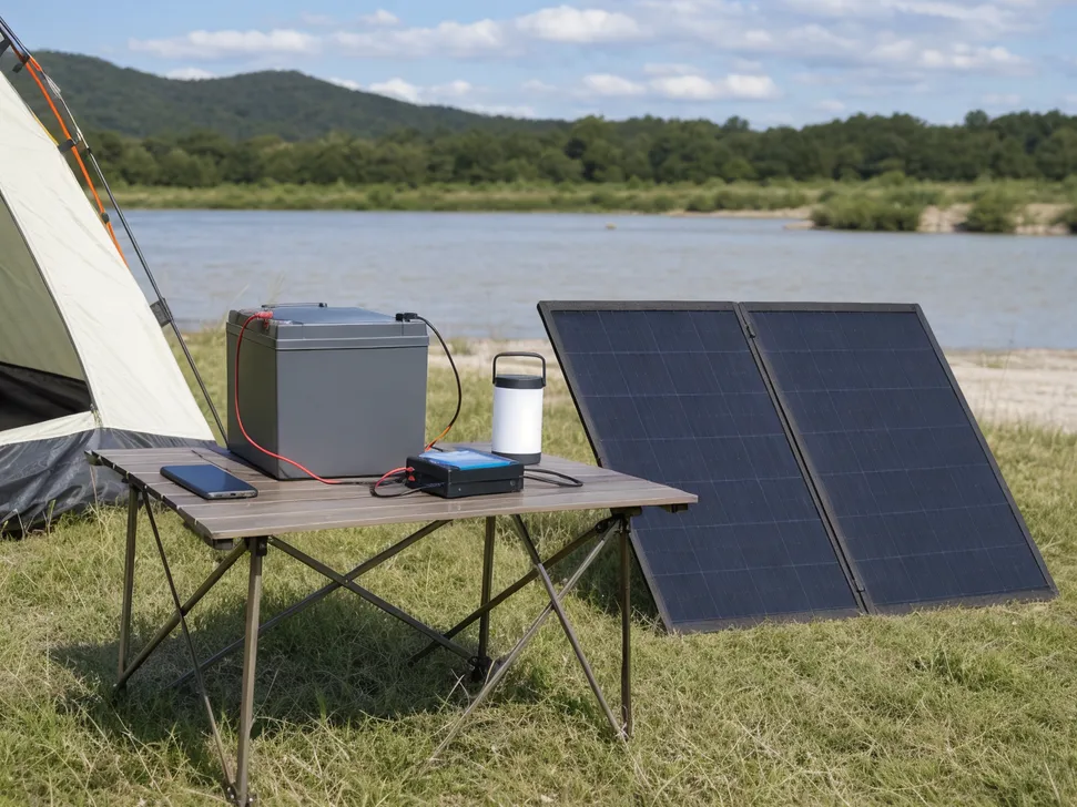 Portable 12V solar kit with compact LiFePO4 battery for camping and emergency preparedness