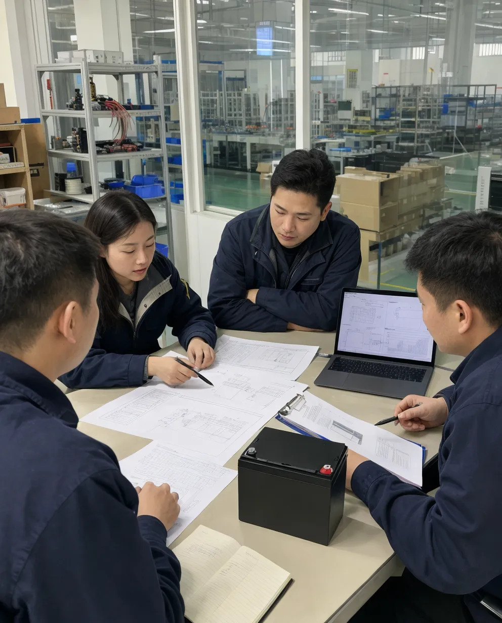 EVANBattery engineering team reviewing a 12V solar battery RFQ with technical specifications