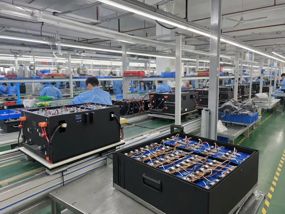 24V and 48V solar battery packs on production line at EVANBattery factory in Zhongshan