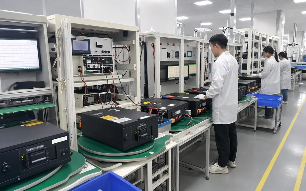 Automated QC testing line processing both 24V and 48V battery packs