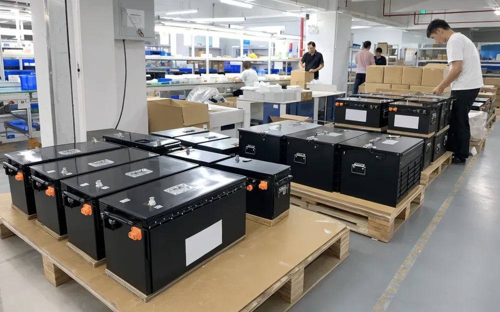 EVANBattery factory floor with 24V and 48V solar battery packs ready for OEM labeling and export