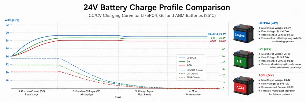 Charge profile comparison showing CC/CV curves for LiFePO4, gel, and AGM 24V batteries with voltage and current over time