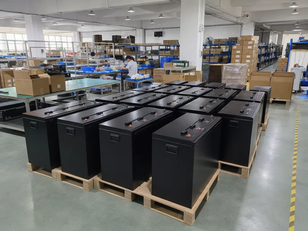 EVAN Battery factory floor with 24V solar battery packs ready for OEM configuration and shipment