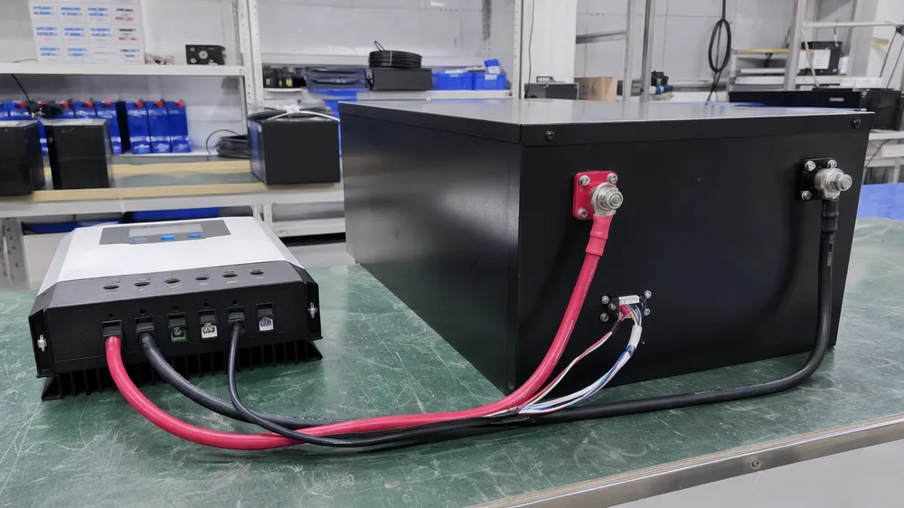 MPPT controller paired with 24V LiFePO4 battery pack showing terminal connections and BMS communication wiring