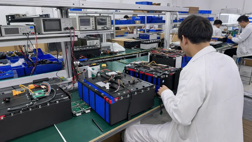 OEM/ODM 24V solar battery customization process showing branded battery packs with custom BMS configuration