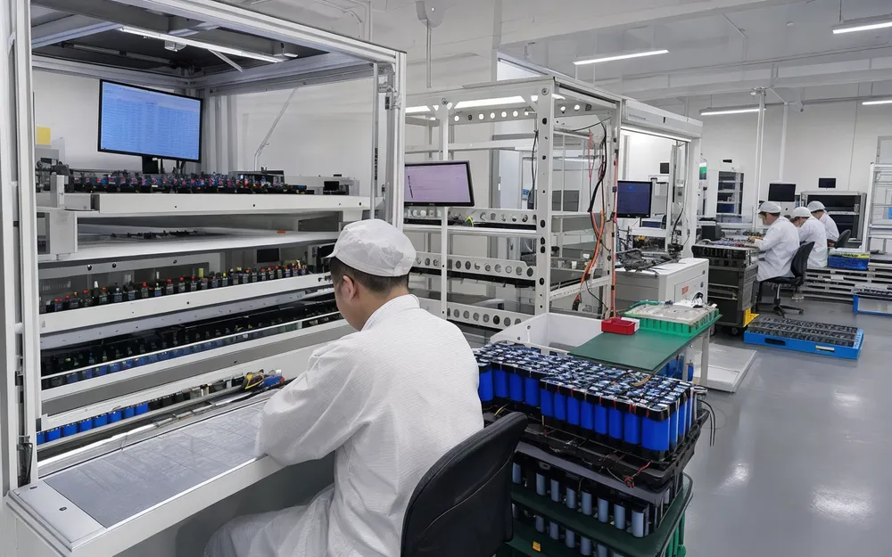 EVANBattery production facility showing automated cell sorting and BMS testing stations