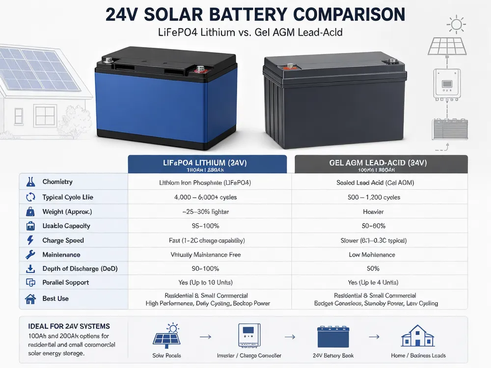 24V battery specification comparison between LiFePO4 lithium and gel AGM lead-acid chemistries