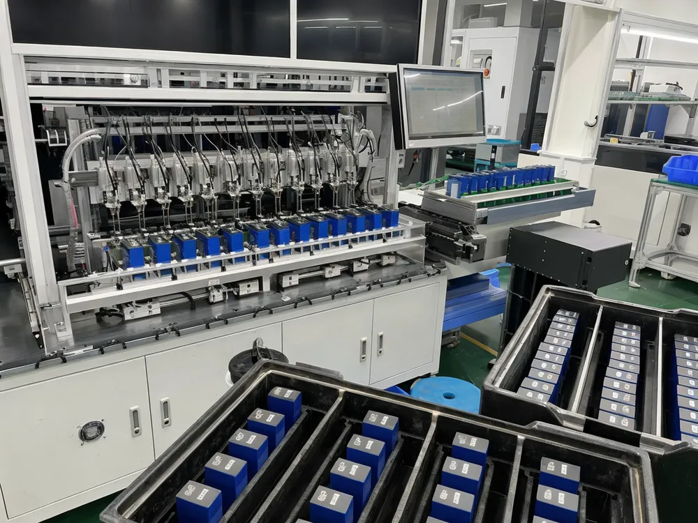 Automated cell sorting system grouping 24V LiFePO4 cells by voltage and internal resistance before pack assembly