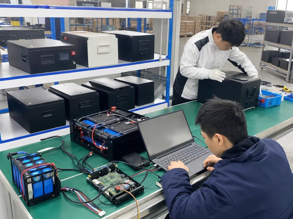 OEM/ODM 24V battery customization process showing branding, BMS programming, and enclosure options