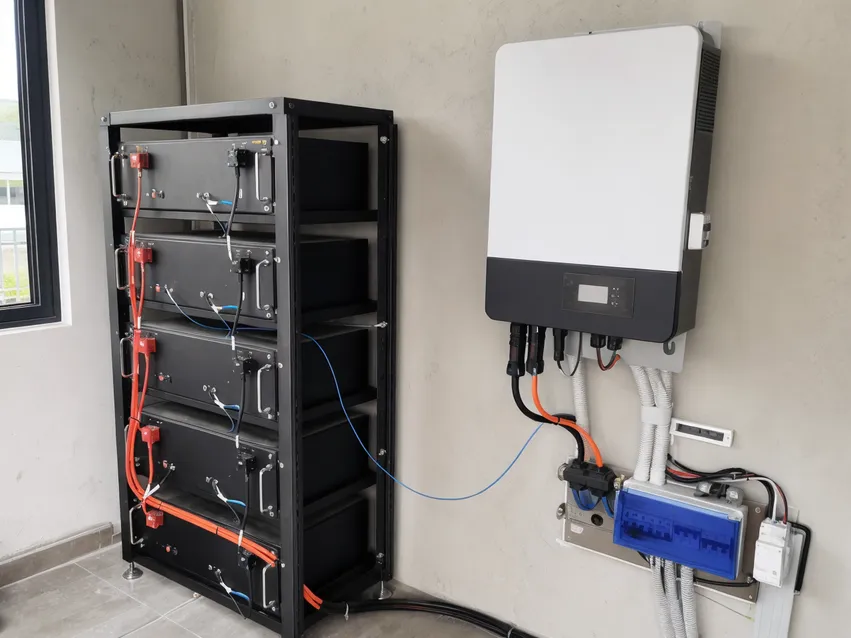 48V solar battery bank connected to hybrid inverter showing CAN bus communication wiring