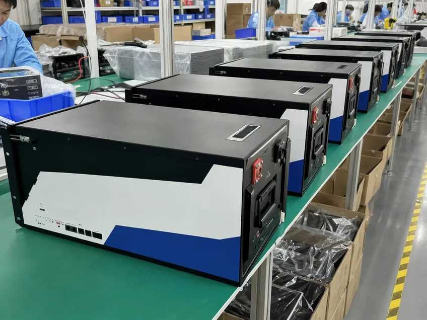 Private-label 48V LiFePO4 battery pack with custom branding on production line