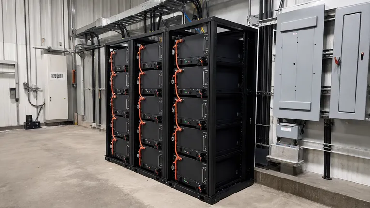 Rack-mounted battery system configured for factory and workshop industrial loads
