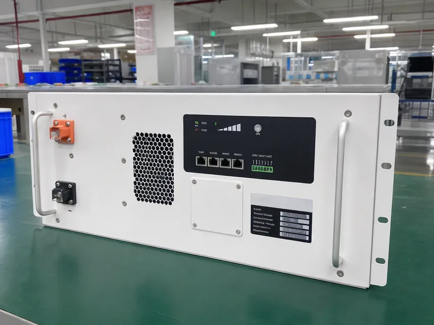 OEM branded commercial battery rack module with custom front panel and labeling