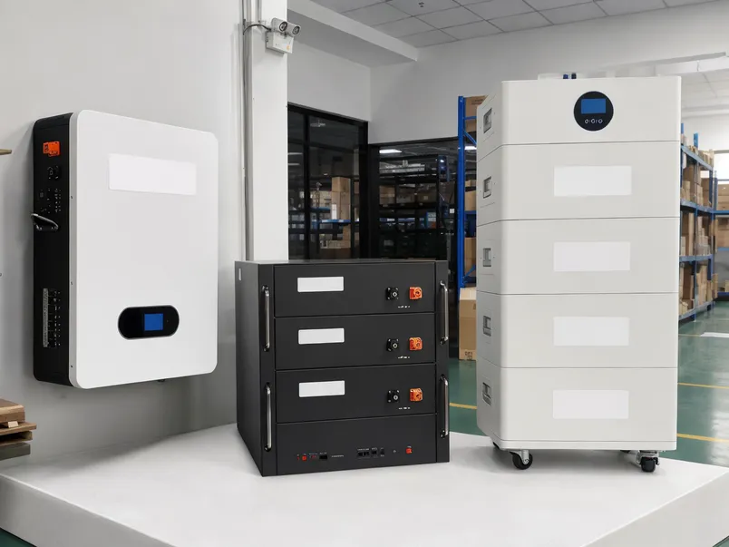 Custom 48V battery configurations showing wall-mount, rack-mount, and stackable enclosure formats with private-label branding