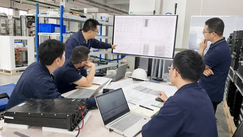 EVANBattery engineering team reviewing utility scale solar battery storage project data for quote preparation