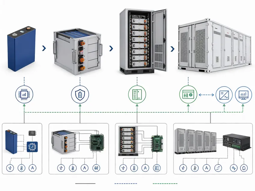 Diagram showing LiFePO4 cell to module to cabinet to container architecture hierarchy