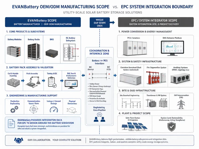 Diagram showing EVANBattery OEM/ODM manufacturing scope versus EPC system integration boundary