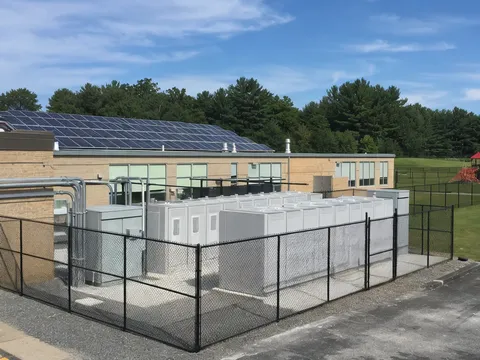Solar battery storage system installed at public building for grid resilience and emergency backup