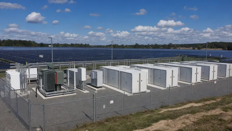 Grid-connected solar farm with battery storage cabinets for curtailment management and ramp rate smoothing