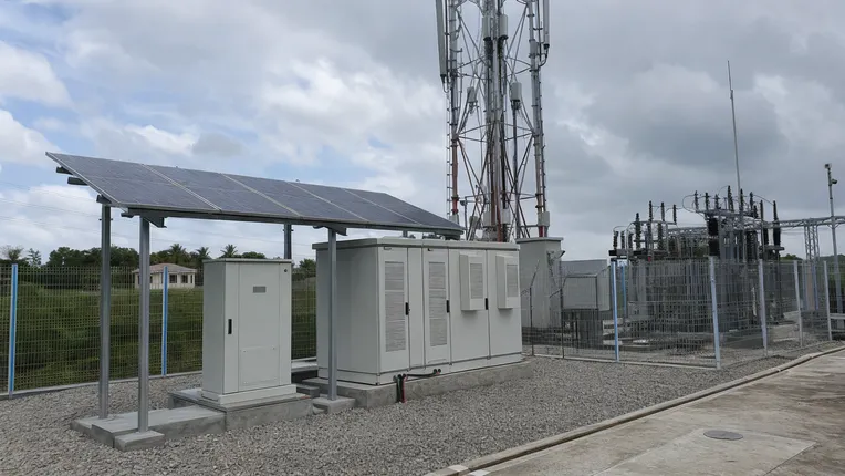 Telecom tower battery backup system with compact solar storage for utility substation