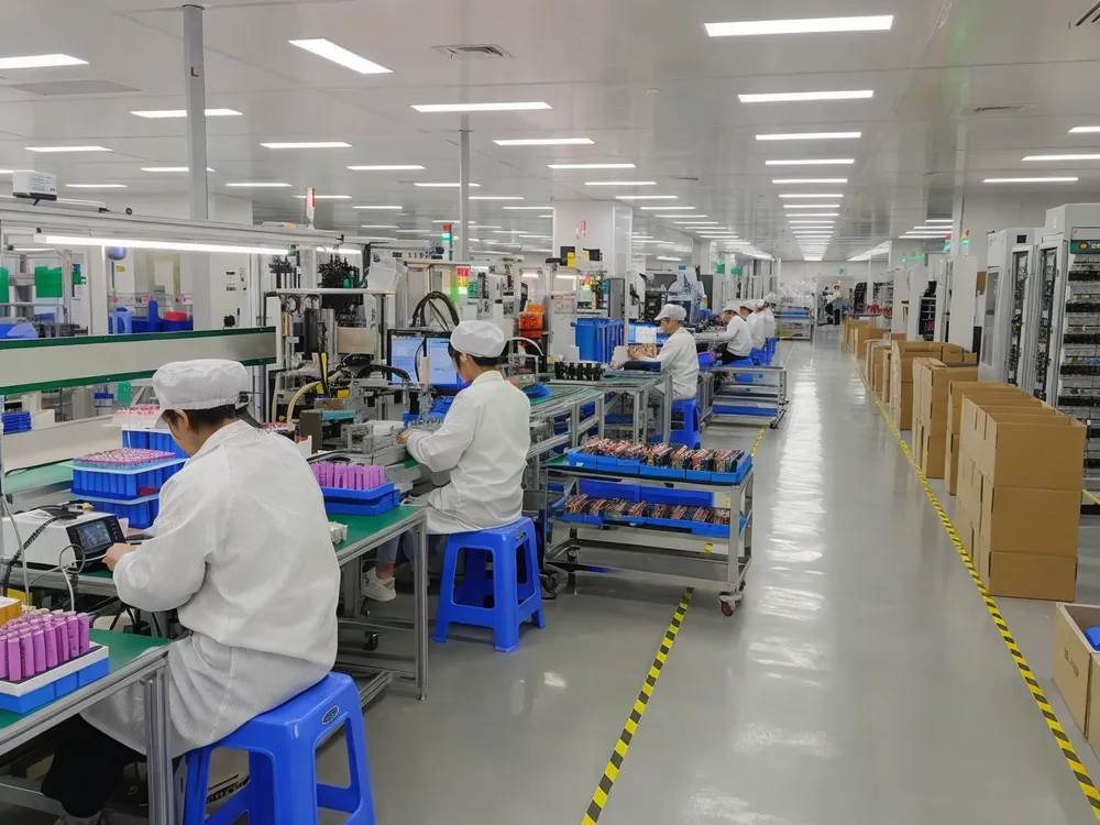 EVANBattery production line showing linear workflow from cell inspection to final packing