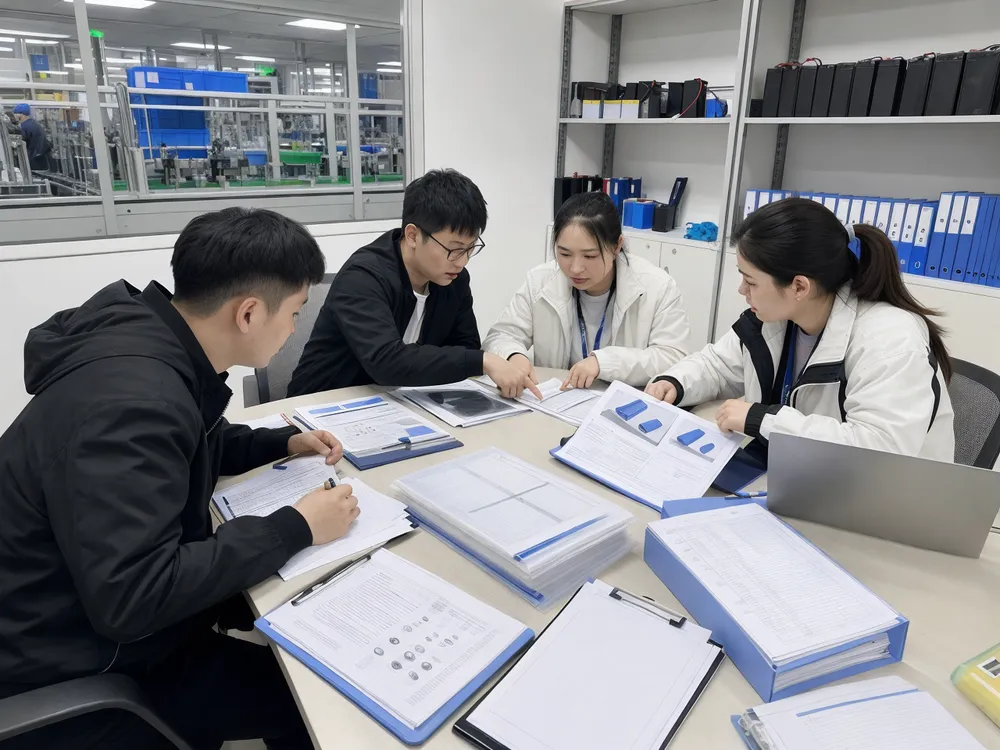 Documentation workflow planning session with certification files organized before battery production