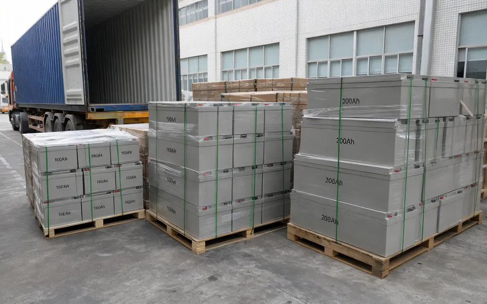 12V gel solar battery capacity mix — 100Ah, 150Ah, and 200Ah units staged for container loading