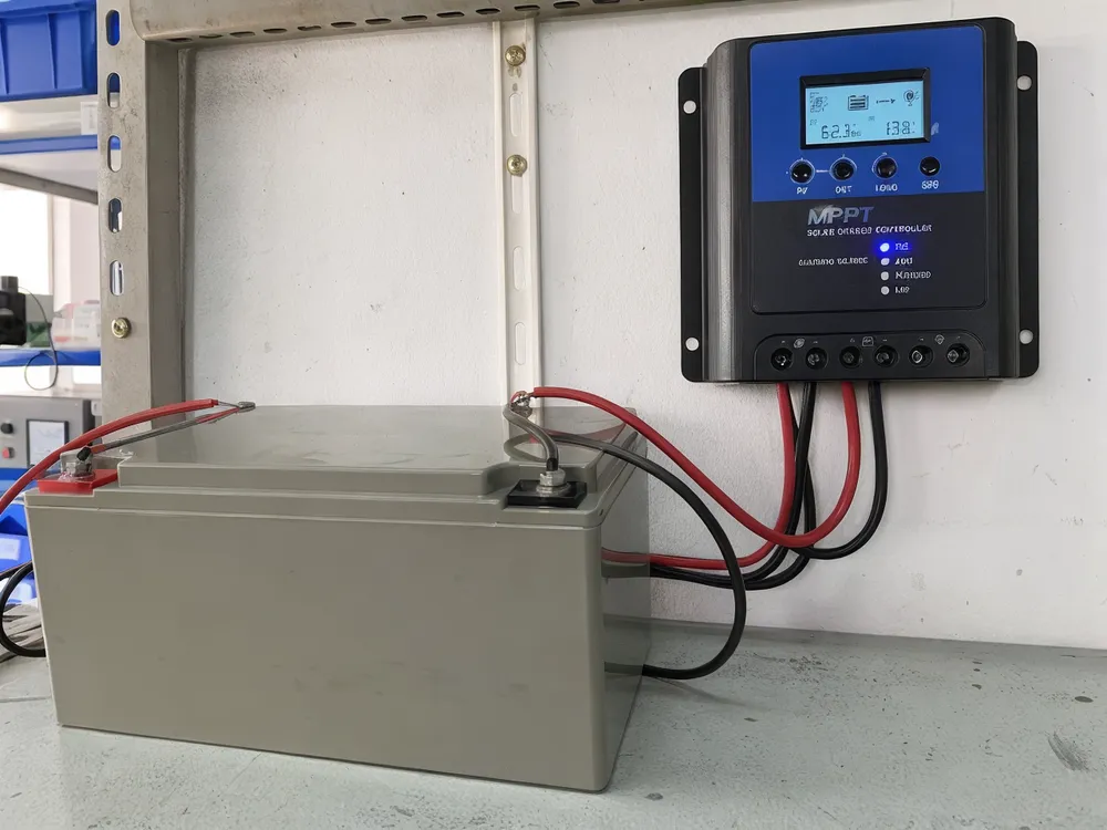 12V gel solar battery connected to MPPT charge controller showing gel charging profile selection