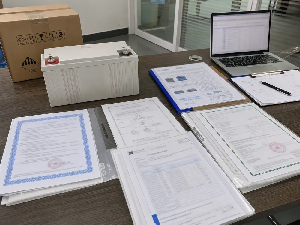 Export compliance documentation package for gel solar battery shipments including MSDS, UN38.3, and CE certificates