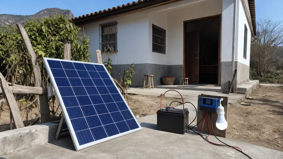 AGM battery paired with solar panel in off-grid home system kit