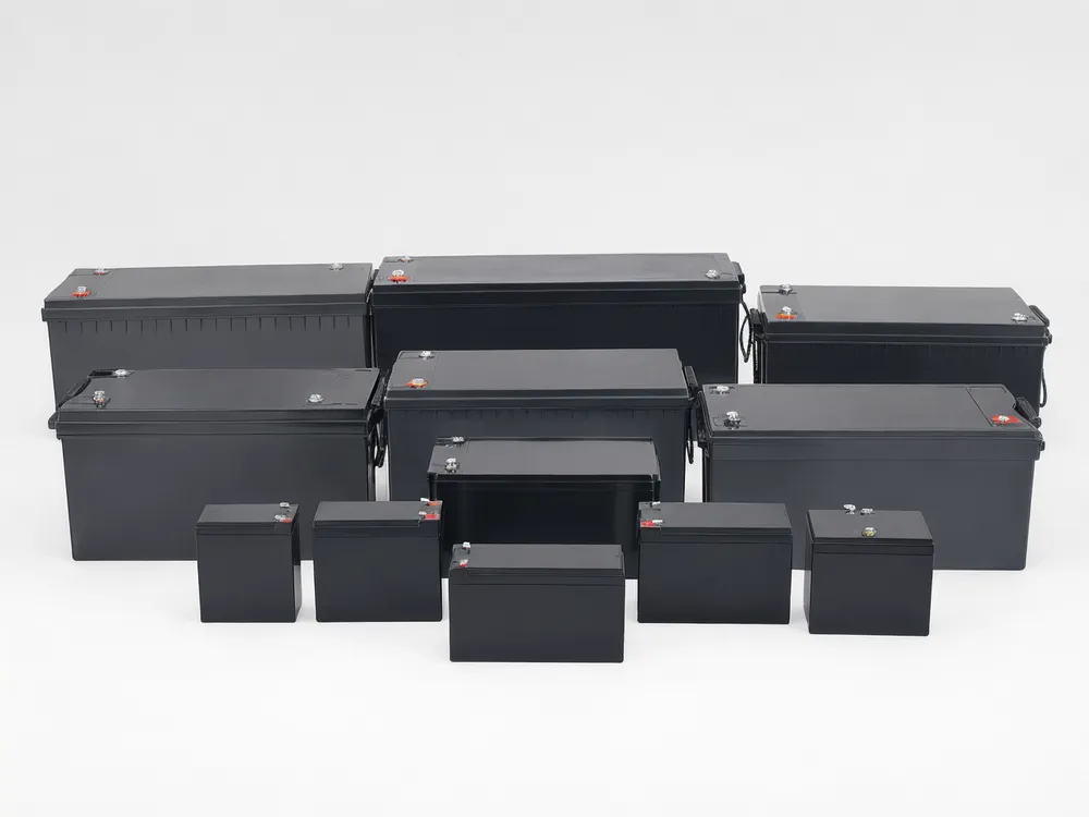 AGM solar battery product range showing 12V and 24V sealed VRLA units from 7Ah to 200Ah