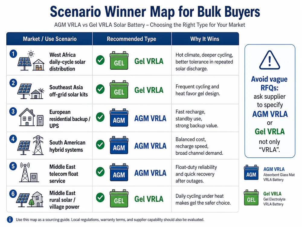 Scenario winner map for AGM and gel VRLA solar batteries in different solar markets