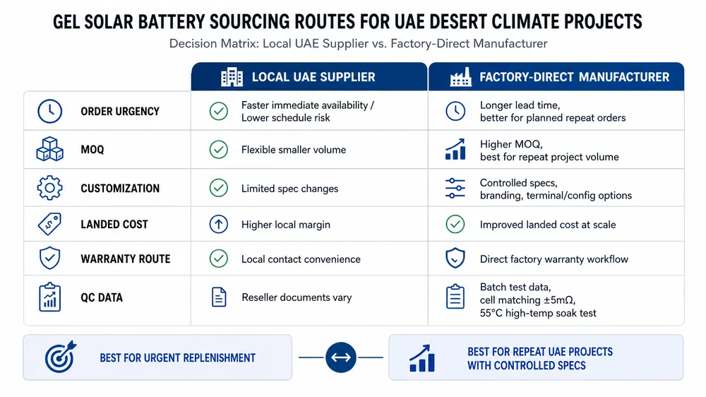 Local UAE supplier versus factory-direct gel solar battery sourcing route comparison