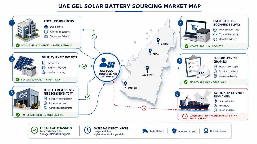 UAE gel solar battery supplier market map showing distributors, stockists, online sellers, and factory-direct import