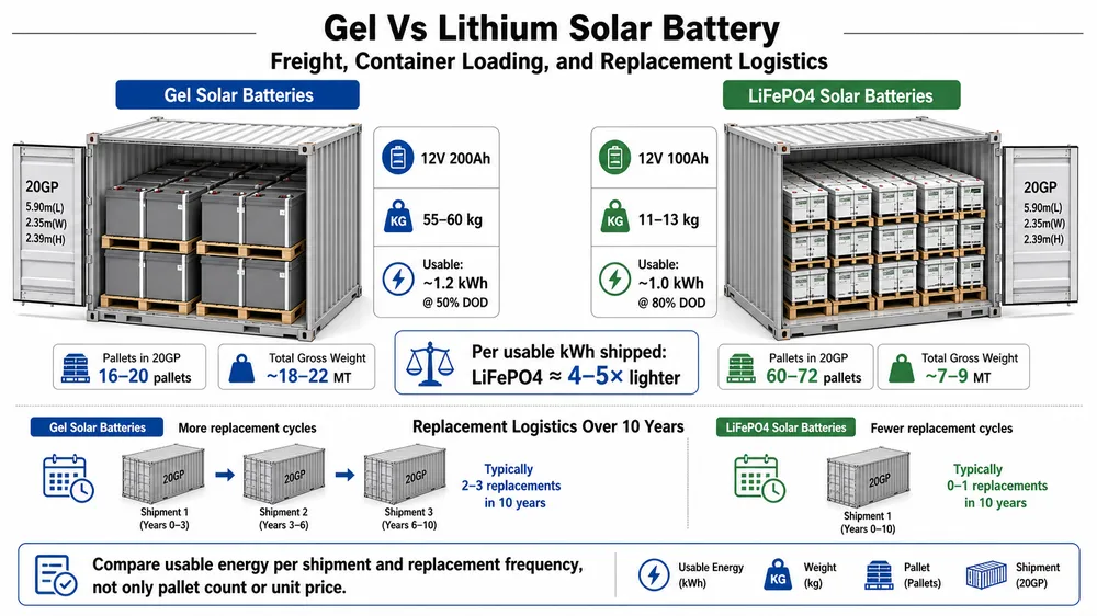 Container loading comparison for gel and lithium solar batteries by usable energy shipped