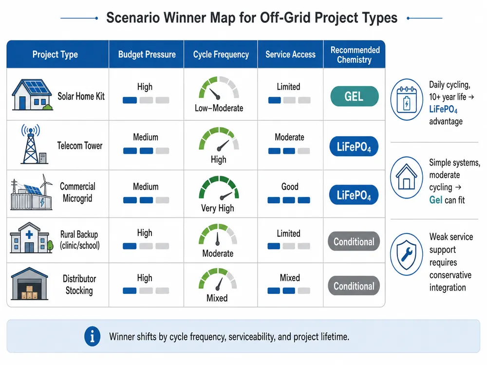 Gel vs LiFePO4 solar battery decision matrix for telecom, solar home kit, and microgrid projects