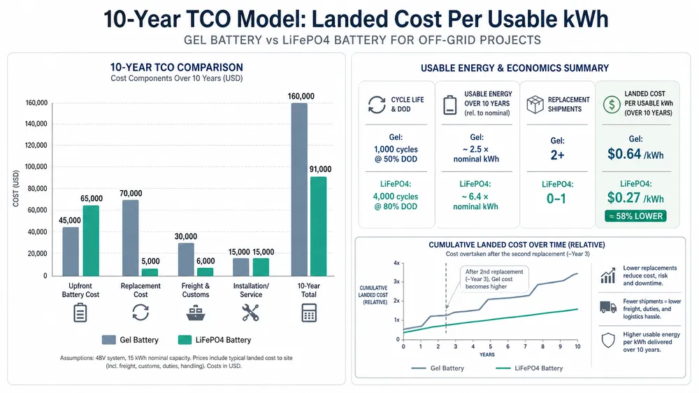 Gel vs Lithium Solar Battery for Off-Grid Projects | 10-Year TCO Comparison